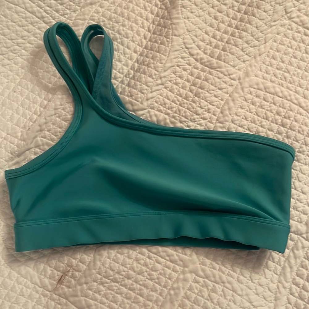 Alo Yoga, teal one-shoulder sports bra, size small